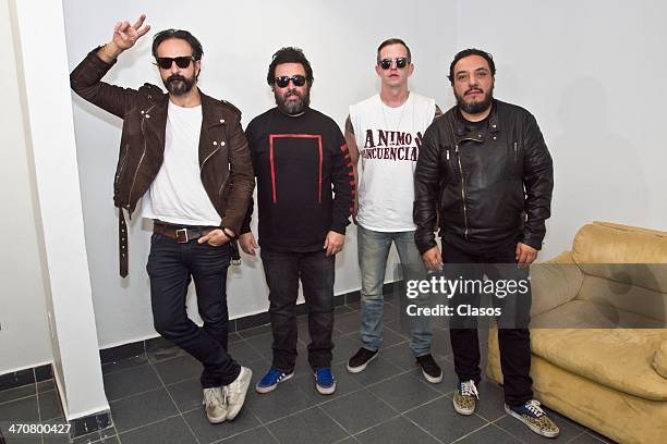 Tito Fuentes, Miky Huidobro, Randy Ebright and Paco Ayala attend a press conference of the Mexican rock band Molotov at Churubusco Studio on February...
