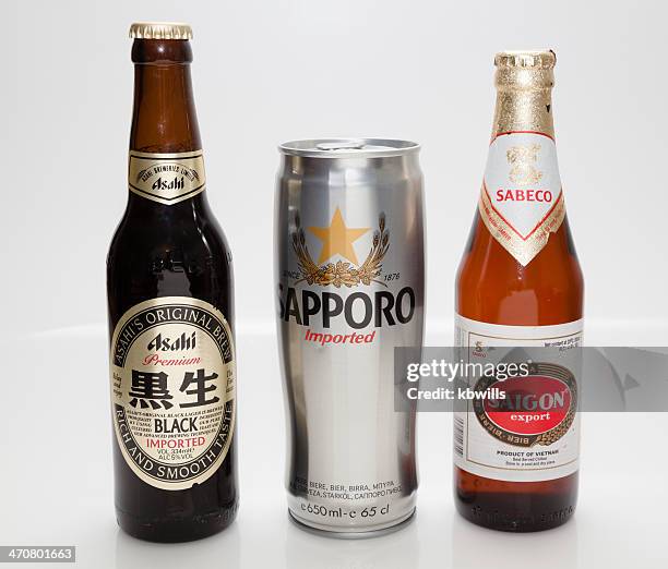 three types of far-eastern imported beer - asahi stock pictures, royalty-free photos & images