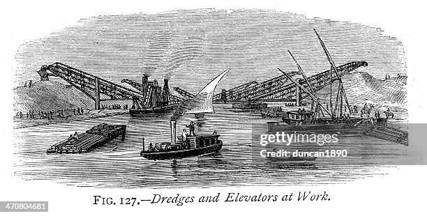 suez canal - dredges and elevators - ship construction stock illustrations