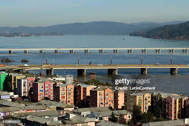 View of Llacolen and Chacabuco bridges at Biobio river on August 8th, 2014 in Concepcion, Chile. Concepcion is one of the eight host cities of the...