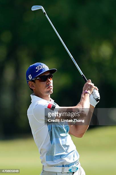 Rafa Cabrera Bello of Spain plays a shot during the day one of the Volvo China Open at Tomson Shanghai Pudong Golf Club on April 23, 2015 in...