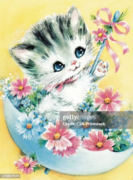 ilustrações de stock, clip art, desenhos animados e ícones de filhote de gato no guarda-chuva - filhote de animal