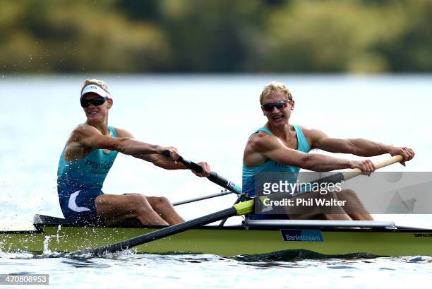Hamish Bond and James Lassche win the mens premier coxless pairs during the Bankstream New Zealand Rowing Championships at Lake Karapiro on February...