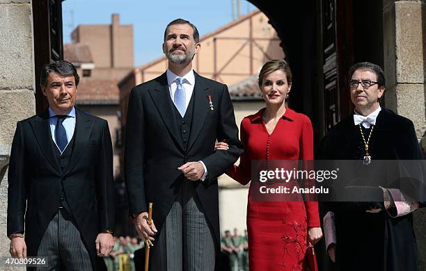 Spain's King Felipe VI and Queen Letizia arrive at the University of Alcala de Henares for the Cervantes Prize award ceremony in Madrid, Spain, on...