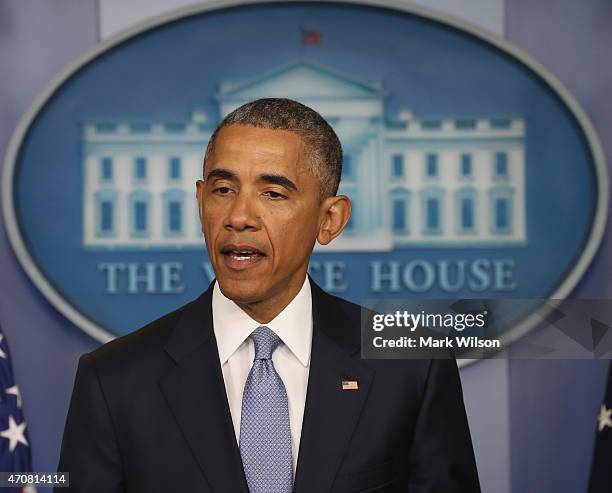 President Barack Obama makes a statement on the Brady Briefing room at the White House April 23, 2015 in Washington, DC. President Obama talked about...