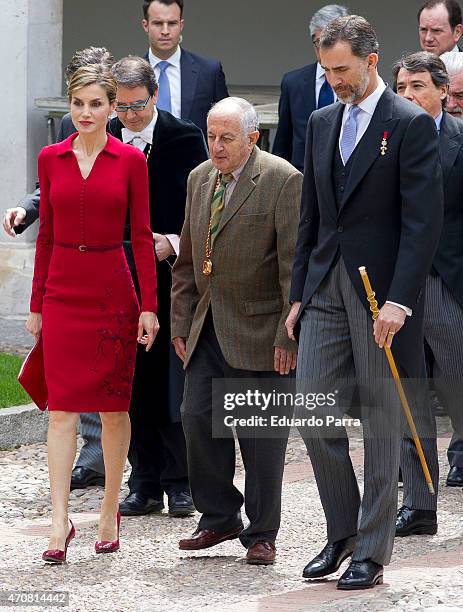 Spain's King Felipe VI of Spain , Queen Letizia of Spain and spanish writer Juan Goytisolo, winner of the Cervantes prize, pose for photographers at...