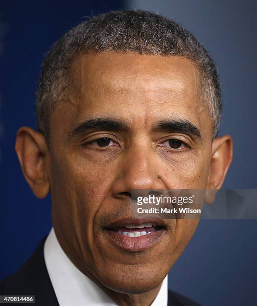 President Barack Obama makes a statement in the Brady Briefing room at the White House April 23, 2015 in Washington, DC. President Obama talked about...