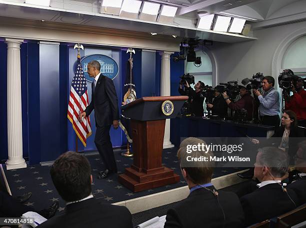 President Barack Obama walks away after making a statement in the Brady Briefing room at the White House April 23, 2015 in Washington, DC. President...