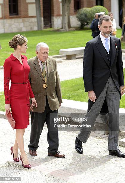 Queen Letizia of Spain, writer Juan Goytisolo and King Felipe VI of Spain attend the Cervantes Award Ceremony at Alcala de Henares University on...