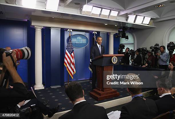 President Barack Obama makes a statement in the Brady Briefing room at the White House April 23, 2015 in Washington, DC. President Obama talked about...