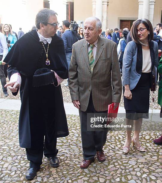 Rector of the Alcala de Henares University Fernando Galvan, spanish writer Juan Goytisolo, winner of the Cervantes prize, and Teresa Lizaranzu pose...