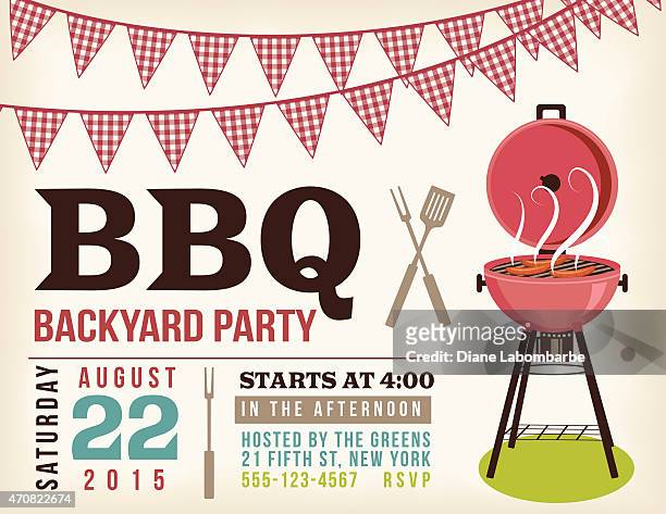 stockillustraties, clipart, cartoons en iconen met retro bbq invitation template with checkered flags - barbecue