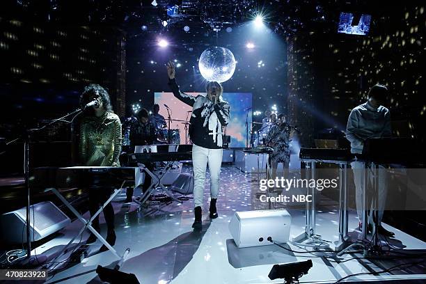 Episode 0004 -- Pictured: R?gine Chassagne, Win Butler and William Butler of musical guest Arcade Fire performs on February 20, 2014 --