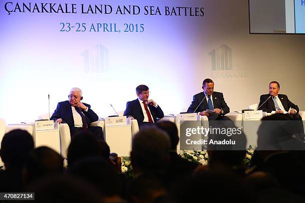 Turkish Prime Minister Ahmet Davutoglu gives a speech during a session within the High Level Peace Summit on the 100th Anniversary of Canakkale Land...