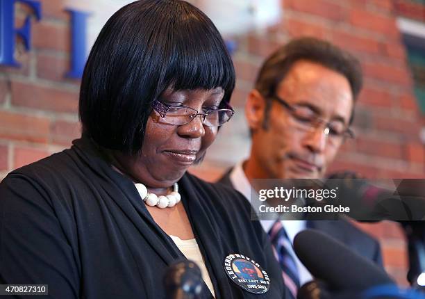 Ursula Ward, Odin Lloyd's mother, pauses as she gets emotional during a press conference at the office of her attorney, Douglas Sheff, about her...