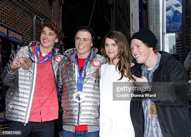 Nicholas Goepper, Joss Christensen, Keri Russell and Gus Kenworthy leave the "Late Show with David Letterman" at Ed Sullivan Theater on February 20,...