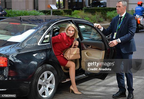 Danish prime minister Helle Thorning-Schmidt arrives at the EU headquarters before the European Union summit in Brussels, Belgium on April 23, 2015.