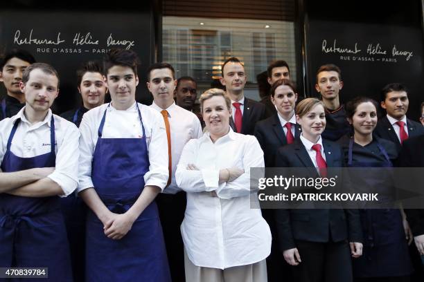 French chef Helene Darroze poses with her staff in front her restaurant in Paris on April 23 after being awarded the 2015 Veuve Clicquot "World's...