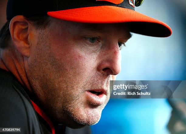 Manager Mike Redmond of the Miami Marlins talks to reporters before the start of a game against the Philadelphia Phillies at Citizens Bank Park on...