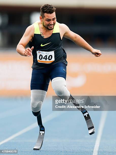 Alan Oliveira of Brazil competes in the Men's 100 meters qualifying at Ibirapuera Sports Complex during day one of the Caixa Loterias 2015...