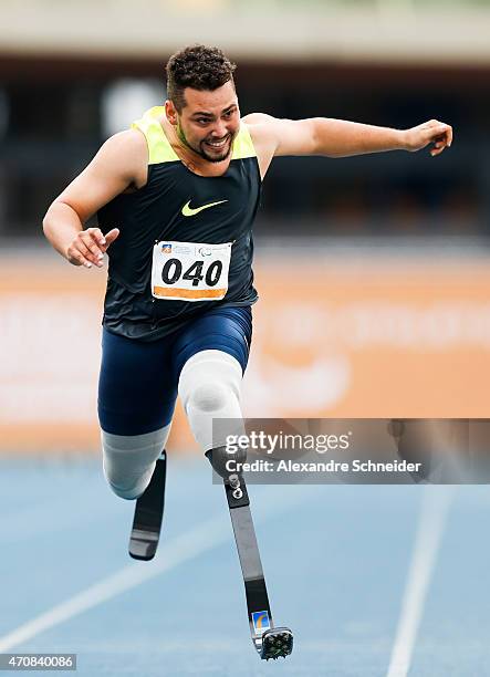 Alan Oliveira of Brazil competes in the Men's 100 meters qualifying at Ibirapuera Sports Complex during day one of the Caixa Loterias 2015...