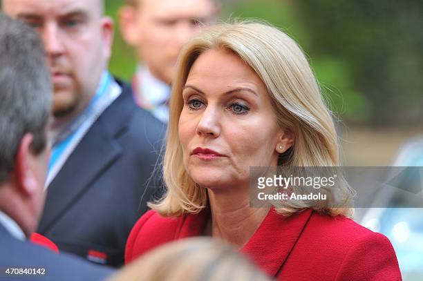 Danish prime minister Helle Thorning-Schmidt speaks to the media upon her arrival at the EU headquarters before the European Union summit in...