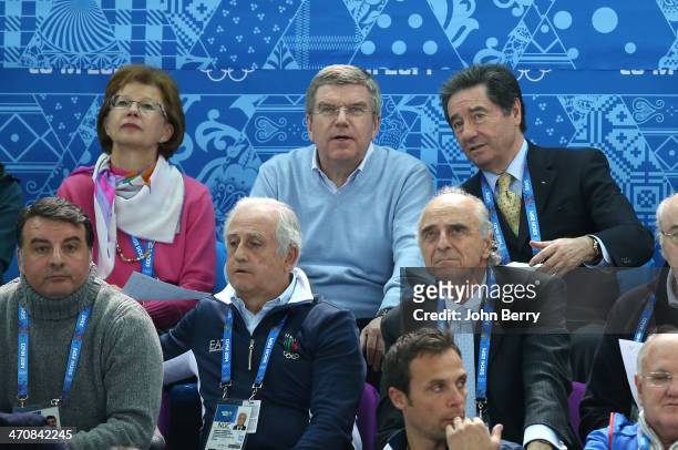 President Thomas Bach, his wife Claudia Bach and President of the International Skating Union, Ottavio Cinquanta attend the Figure Skating Ladies'...
