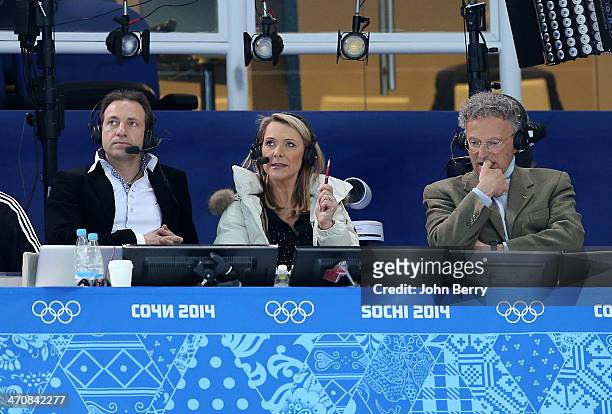 French TV analysts Philippe Candeloro, Annick Dumont and Nelson Monfort comment the Figure Skating Ladies' Free Skating on day 13 of the Sochi 2014...