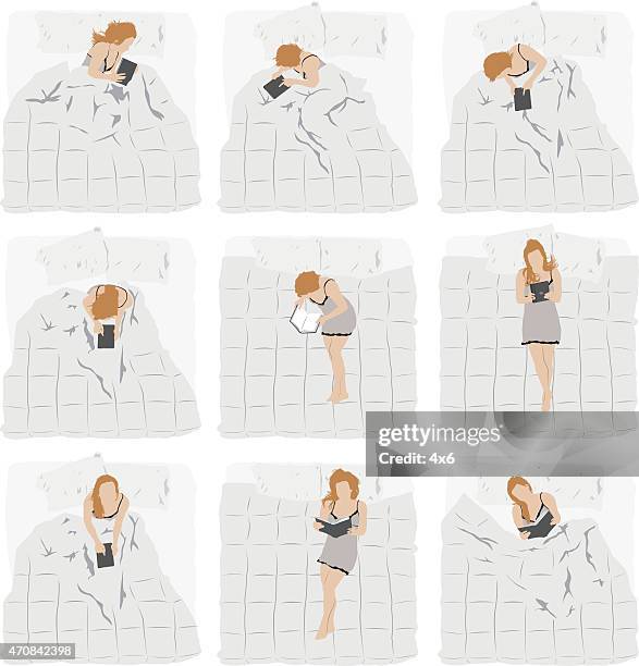 ilustraciones, imágenes clip art, dibujos animados e iconos de stock de woman lying on bed - mujer leyendo