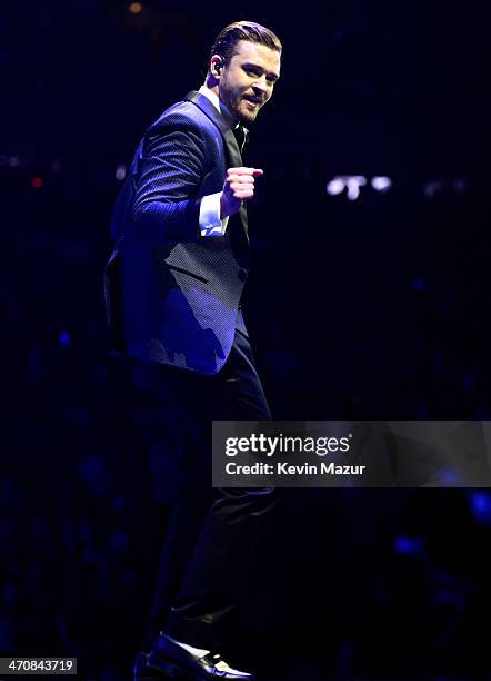 Justin Timberlake performs during the "20/20 Experience" Tour at Madison Square Garden on February 20, 2014 in New York City.