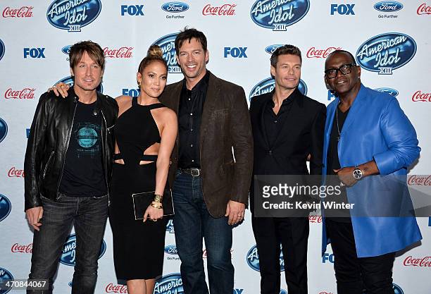 Judges Keith Urban, Jennifer Lopez, Harry Connick, Jr. Host Ryan Seacrest and Randy Jackson attend FOX's "American Idol XIII" finalists party at Fig...