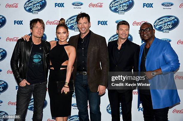 Judges Keith Urban, Jennifer Lopez, Harry Connick, Jr. Host Ryan Seacrest and Randy Jackson attend FOX's "American Idol XIII" finalists party at Fig...