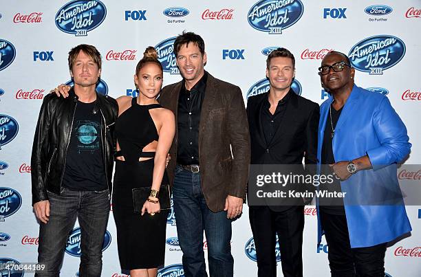 Judges Keith Urban, Jennifer Lopez, Harry Connick, Jr. Host Ryan Seacrest and Randy Jackson attend FOX's "American Idol XIII" finalists party at Fig...