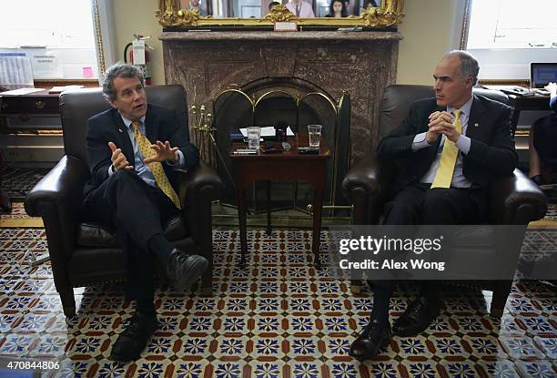 Sen. Sherrod Brown and Sen. Robert Casey speak to members of the media April 23, 2015 on Capitol Hill in Washington, DC. Sen. Brown and Sen. Casey...