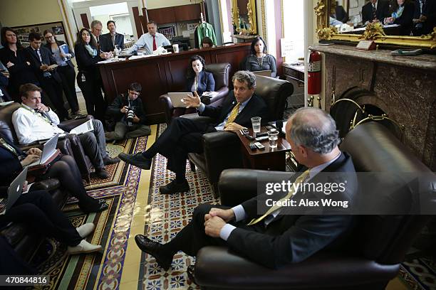 Sen. Sherrod Brown and Sen. Robert Casey speak to members of the media April 23, 2015 on Capitol Hill in Washington, DC. Sen. Brown and Sen. Casey...