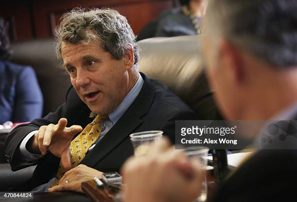 Sen. Sherrod Brown speaks to members of the media April 23, 2015 on Capitol Hill in Washington, DC. Sen. Brown discussed with the press on the...