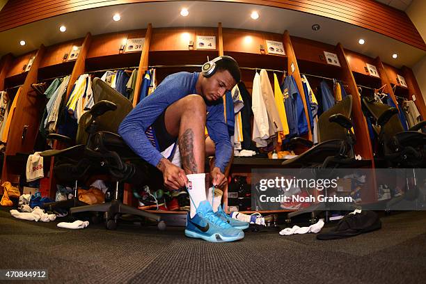 Brandon Rush of the Golden State Warriors gets ready before Game Two of the Western Conference Quarterfinals against the New Orleans Pelicans during...