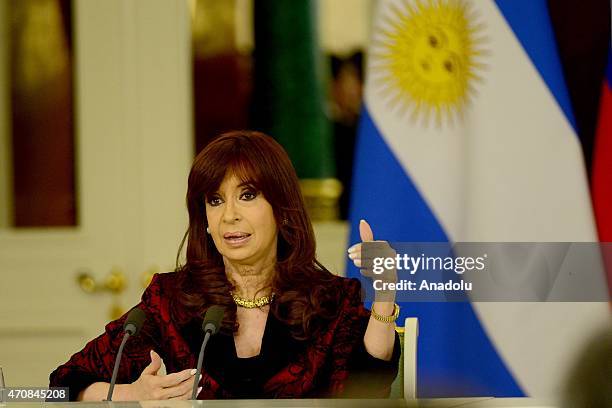 Argentine President Cristina Fernandez de Kirchner delivers a speech during a joint press conference with Russian President Vladimir Putin at the...