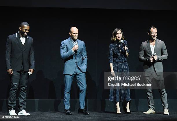 Rapper Curtis "50 Cent" Jackson III, actors Jason Statham, Rose Byrne and Jude Law speak onstage during 20th Century Fox Invites You to a Special...