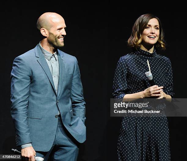 Actors Jason Statham and Rose Byrne speak onstage during 20th Century Fox Invites You to a Special Presentation Highlighting Its Future Release...