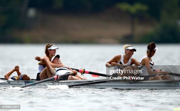 West End Rowing Club win the womens novice fours during the Bankstream New Zealand Rowing Championships at Lake Karapiro on February 21, 2014 in...