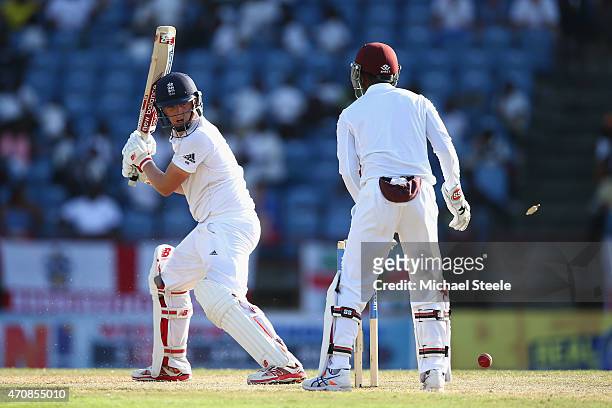 Gary Ballance of England is bowled for 77 runs by Marlon Samuels of West Indies during day three of the 2nd Test match between West Indies and...