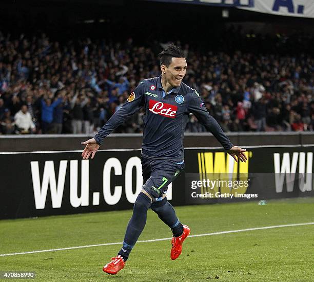 Jose Maria Callejon of Napoli celebrates after scoring goal 1-0 during the UEFA Europa League quarter-final second leg match between SSC Napoli and...