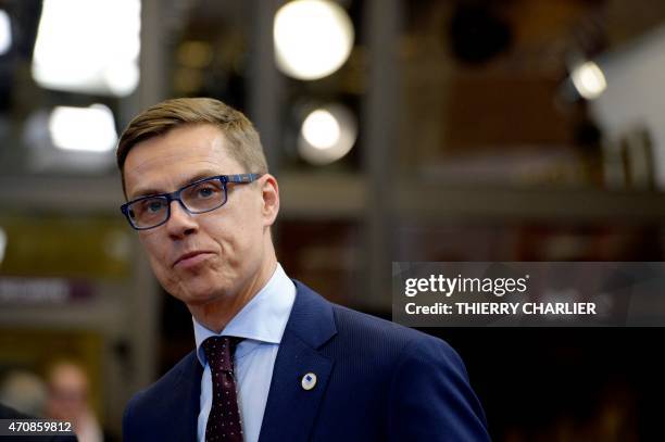 The Prime Minister of Finland Alexander Stubb looks on after an emergency European leaders meeting to discuss Europe's response to the Mediterranean...