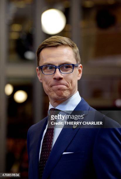 The Prime Minister of Finland Alexander Stubb looks on after an emergency European leaders meeting to discuss Europe's response to the Mediterranean...
