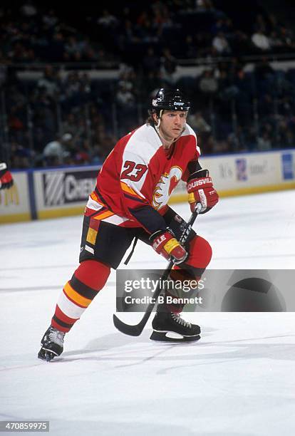 Sheldon Kennedy of the Calgary Flames skates on the ice during an NHL game against the New York Islanders on February 15, 1996 at the Nassau Coliseum...