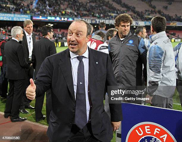 Rafael Benitez Coach of SSC Napoli celebrate the victory after the UEFA Europa League quarter-final second leg match between SSC Napoli and VfL...