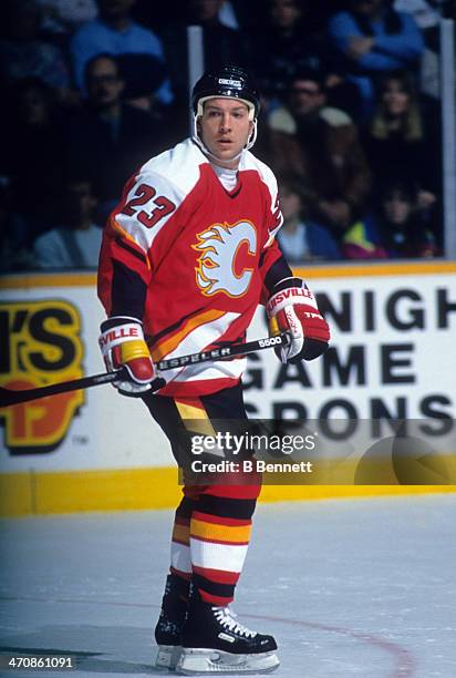 Sheldon Kennedy of the Calgary Flames skates on the ice during an NHL game against the Winnipeg Jets on January 20, 1995 at the Winnipeg Arena in...