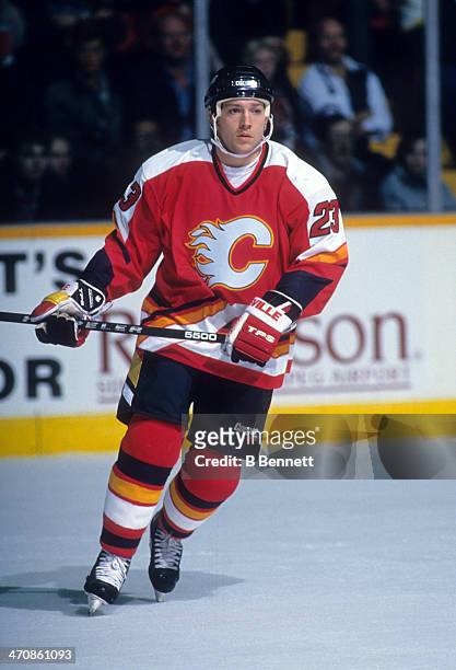 Sheldon Kennedy of the Calgary Flames skates on the ice during an NHL game against the Winnipeg Jets on January 20, 1995 at the Winnipeg Arena in...
