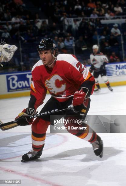 Sheldon Kennedy of the Calgary Flames skates on the ice during an NHL game against the New York Islanders on February 15, 1996 at the Nassau Coliseum...